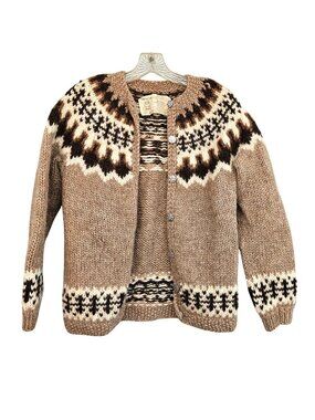 Vintage Hilda Hand Knit Sweater Iceland Nordic Fair Isle Cardigan Jumper XS S